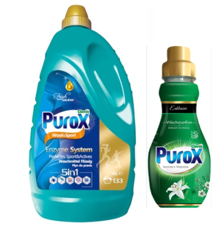 ПУРОКС  ТЕЧЕН ГЕЛ  ЗА ВЪЛНЕНИ И СПОРТНИ ДРЕХИ 4000 МЛ 133 ПР  + ПОДАРЪК ПАРФЮМ ЗА ДРЕХИ ПУРОКС 400 МЛ  /ТЮРКОАЗ/ 