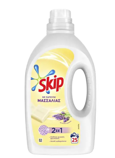 СКИП ТЕЧЕН ГЕЛ ЗА УНИВЕРСАЛНО ПРАНЕ 2 В 1 МАРСИЛСКИ САПУН И ЛАВАНДУЛА 25 П 1250 МЛ