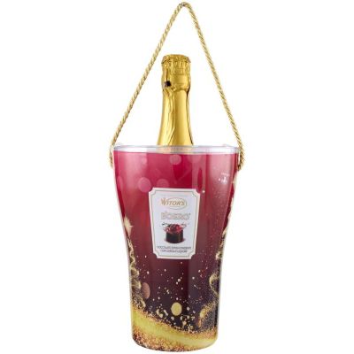 ПРАЗНИЧНА ШАМПАНИЕРА С ШОКОЛАДОВИ БОНБОНИ УИТОРС ПИЯНА ВИШНА 150 ГР И БУТИЛКА ДЕСЕРТНО ПЕНЛИВО БЯЛО ВИНО 750 МЛ / РОЗОВА /  