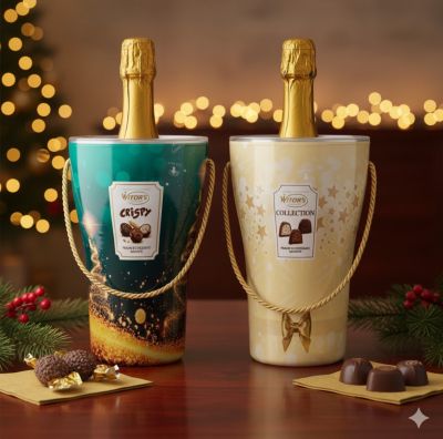 ПРАЗНИЧНА ШАМПАНИЕРА С ШОКОЛАДОВИ БОНБОНИ УИТОРС КРИСПИ 150 ГР И БУТИЛКА ДЕСЕРТНО ПЕНЛИВО БЯЛО ВИНО 750 МЛ / СИНЯ /  