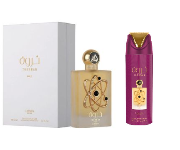 КОМБО АРАБСКИ УНИСЕКС ПАРФЮМ THARWAH GOLD 100 МЛ + ДЕЗЕДОРАНТ THARWAH 200 МЛ