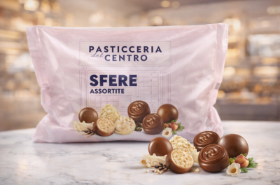 ШОКОЛАДОВИ БОНБОНИ ПАСТИЧЕРИА ДЕЛ ЧЕНТРО СФЕРИ С ТРИ ВИДА ТЕЧЕН ШОКОЛАД И НУГА 850 ГР