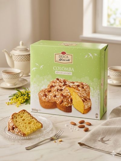КОЛОМБА ДУКА МОСКАТИ ИТАЛИАНСКИ КОЗУНАК ПОКРИТ С БАДЕМИ И ЗАХАРОСАНИ ПРЪЧИЦИ 750 ГР
