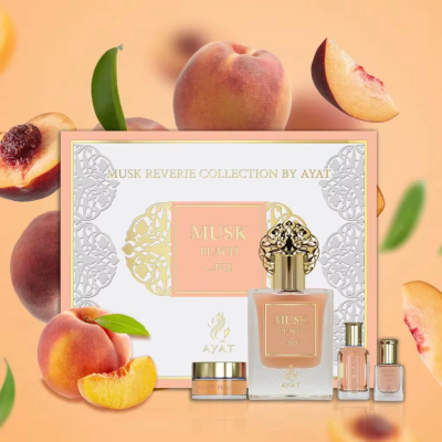 АРАБСКИ УНИСЕКС СЕТ AYAT PERFUMES MUSK PEACH ПАРФЮМ 50 МЛ ЛОСИОН ЗА ТЯЛО 20 МЛ  ПАРФЮМИРАН ВАЗЕЛИН 18 МЛ И ПАРФЮМНО ОЛИО 5 МЛ