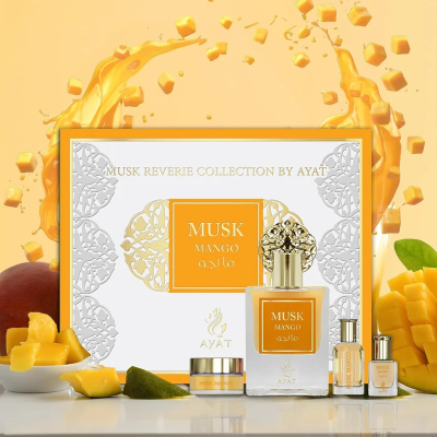 АРАБСКИ УНИСЕКС СЕТ AYAT PERFUMES MUSK MANGO ПАРФЮМ 50 МЛ ЛОСИОН ЗА ТЯЛО 20 МЛ ПАРФЮМИРАН ВАЗЕЛИН 18 МЛ И ПАРФЮМНО ОЛИО 5 МЛ